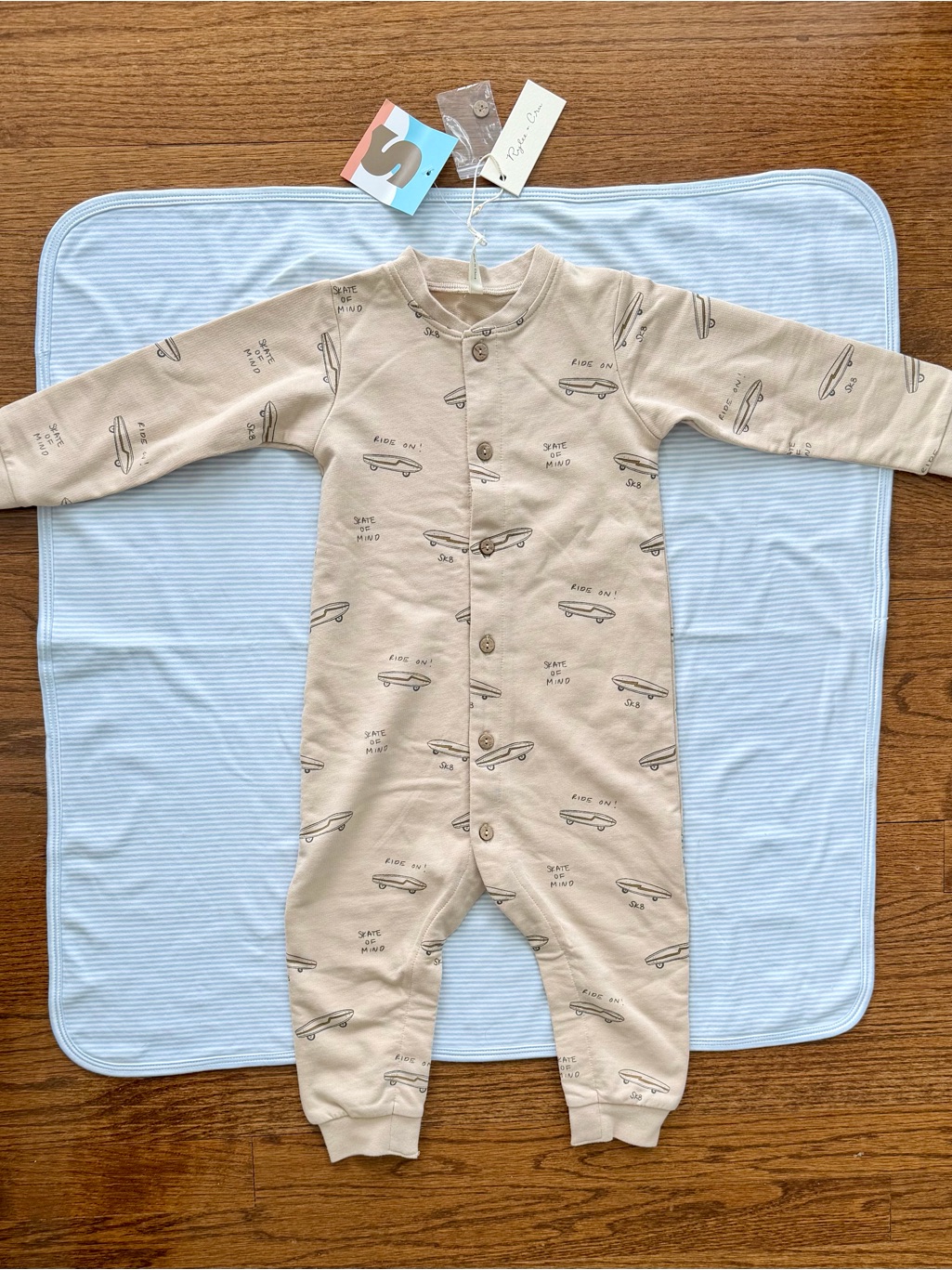 Rylee + Cru Neutral Beige Baby/Toddler Footless Romper With Skateboard Print